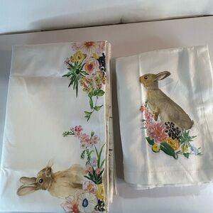 Pottery Barn Pasture Floral Bunny Rabbit Spring Table Runner & 8 Cloth Napkins